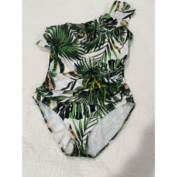 Hilor Womens One Shoulder Ruffle Tropical Leaves One Piece Swimming Suit Sz 12 - Picture 1 of 6